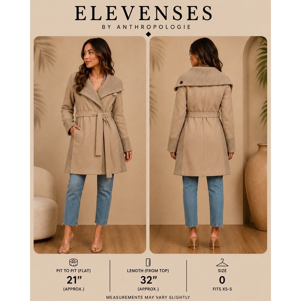 Elevenses Anthropologie Tan Wool Blend Ribbed Knit Wrap Coat Size 0 Camel Boho